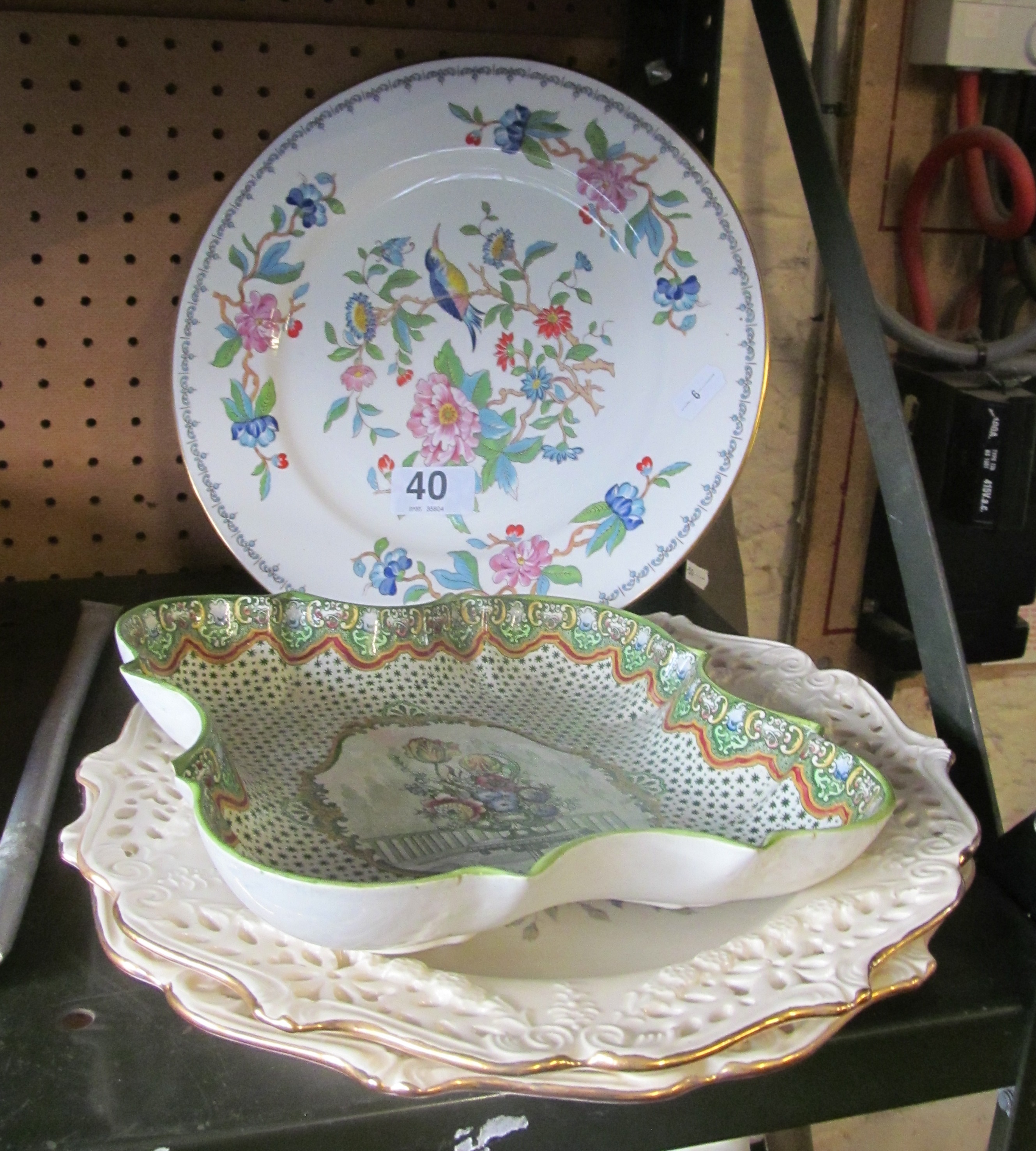 An Aynsley plate, two creamware plates and Spode plate