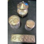 A silver and glass preserve jar and three toilet jars