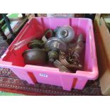 A box of oil lamp reservoirs, funnels etc