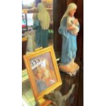 A pottery figure Madonna and child, a print Madonna and child in gilt frame and a metal christ on