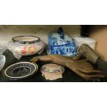 A lavender lidded box, salad bowl, blue and white cheese dish and horn bird