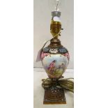 A Sevres style porcelain table lamp with scent of gallant and lady with champlevé enamel mounts