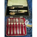 Six silver cake knives (i.c) and a three piece christening set (i.c)