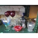 Six Bohemian red glasses and other glass