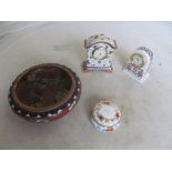 Two porcelain clocks, box and cloisonné bowl