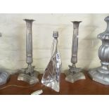 A pair of silver plated column table lamps, pair silver painted table lamps and a glass lamp
