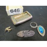 A snuff box, brooch, ring, enamel pendant and squirrel