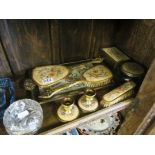 A dressing table set with petit point and an Art Deco blue glass dressing table set