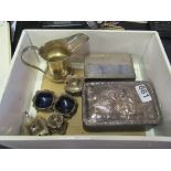 A silver large match box cover, black box silver top, five cruet pieces and silver jug