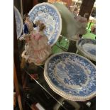 A filigree group lady and gentleman dancing (a/f) and four Woods Seaforth blue and white plates