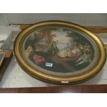 After Watteau - oval coloured prints courting couples by fountain in gilt frame and a small 19th