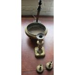 A brass bowl, candlestick and 2 small candlesticks