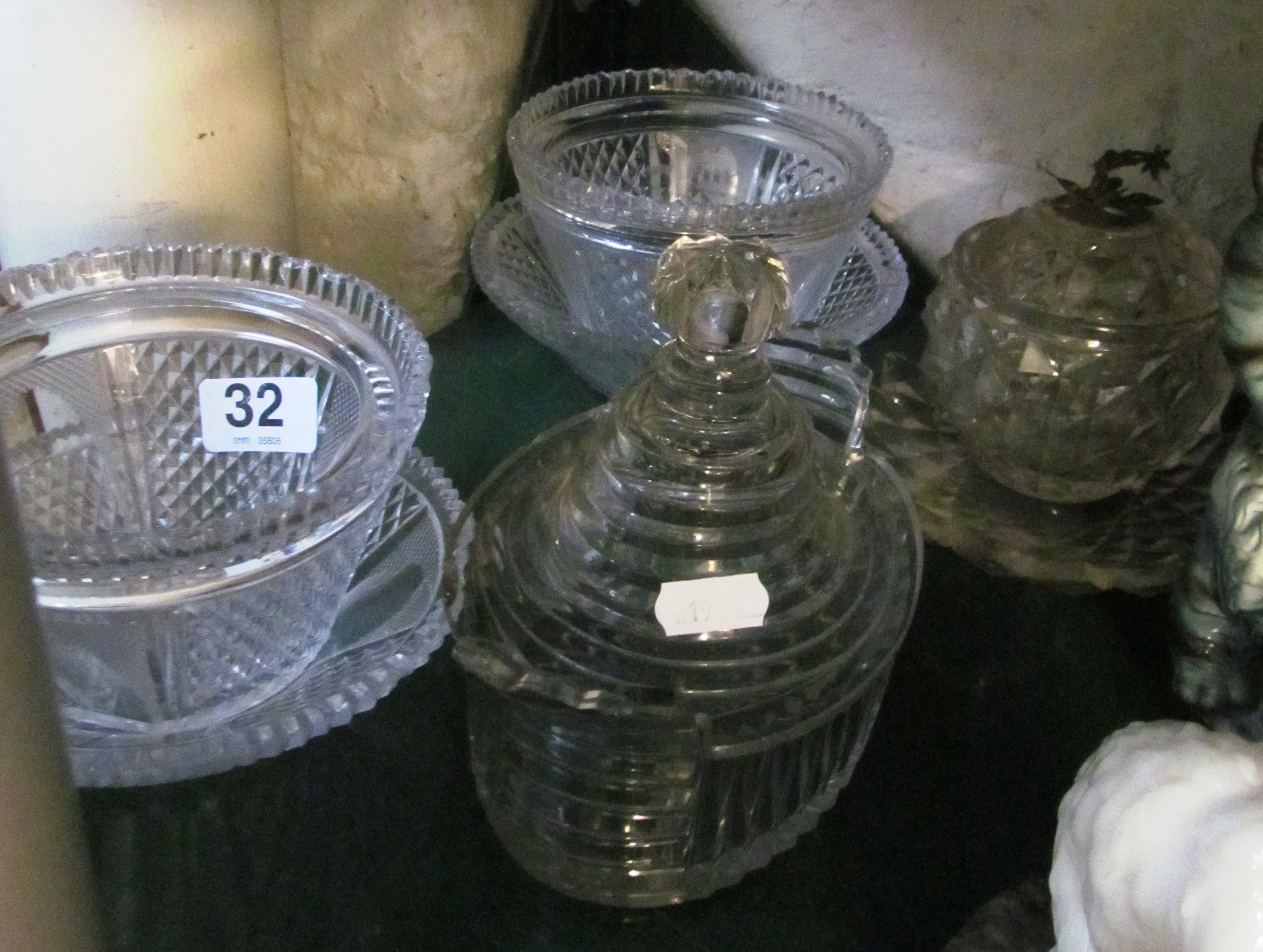 A pair of cut glass bowls and pair of dishes and three other pieces (s/a/f).