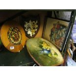 A shield, basket, Killer Whale story plate, painted tray and armorial