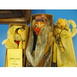 A Pelham puppet 'Macboozle' and two Picot puppets man and woman all boxed