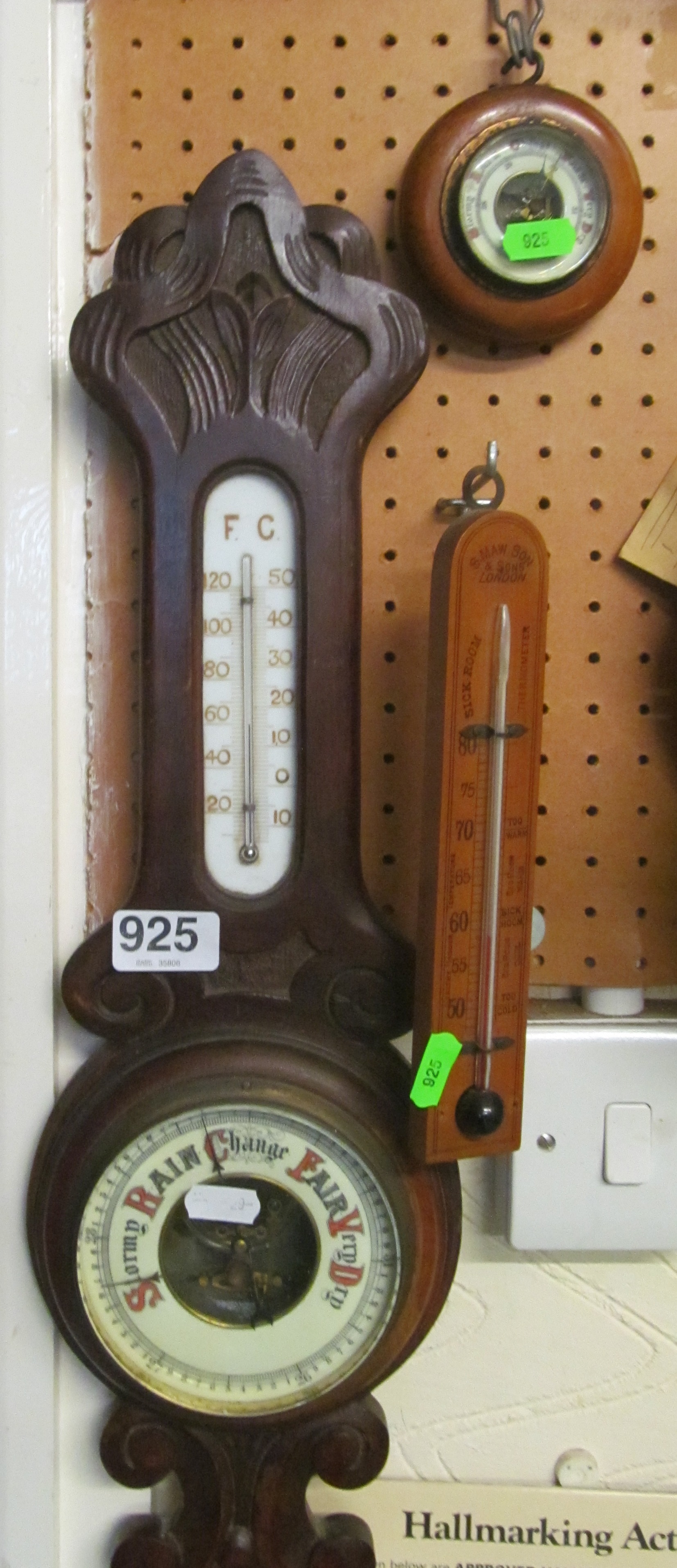 A barometer, small circular barometer and thermometer