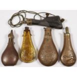 FIVE VINTAGE POWDER FLASKS