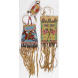A PAIR OF BEADED BAGS AND EFFIGY