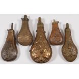 A GOOD GROUP OF FIVE POWDER FLASKS, 19TH C