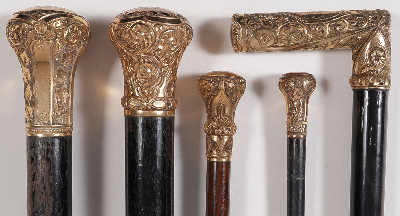 FIVE VICTORIAN WALKING STICKS, C. 1900