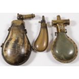 THREE HORN AND BRASS POWDER FLASKS, 19TH C