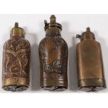 THREE DOUBLE COMPARTMENT PISTOL FLASKS, 19TH C