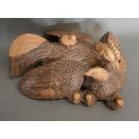 A Carved Wooden Model Of A Cockerel With Chicks, 50cm Long