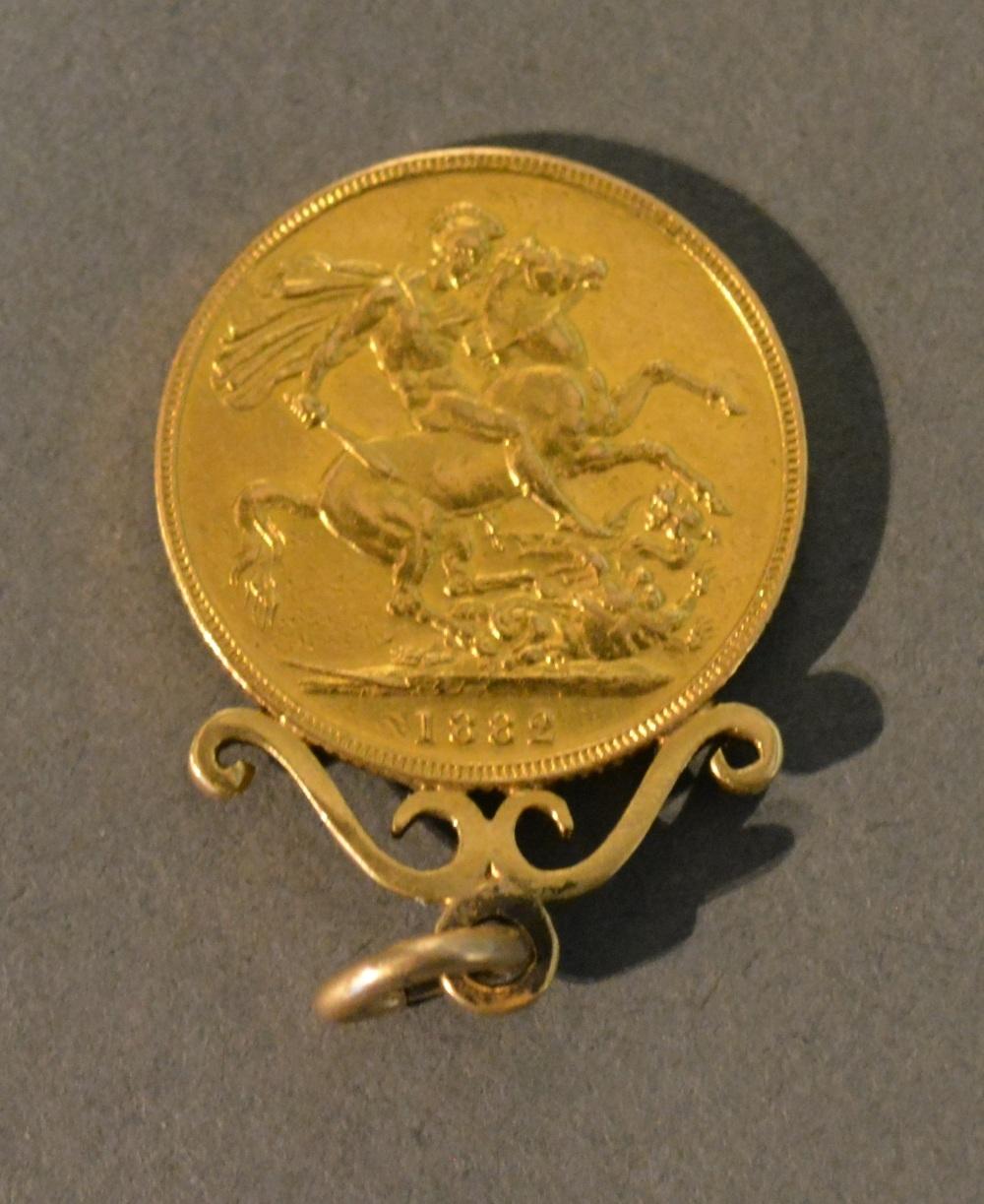 A Victorian Full Gold Sovereign Dated 1882, with gold pendant mount - Image 2 of 2