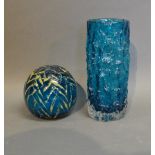 A Whitefriars Bark Pattern Glass Vase Of Cylindrical Form, together with an Mdina glass paperweight