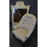 A Cream Painted Wall Mirror Together With A Button Upholstered Low Seat Chair with carved cabriole