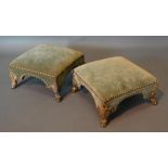 A Pair Of Green Velvet Upholstered Foot Stools Of Square Form, each with gilt metal feet in the form