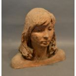 A Terracotta Bust Of A Girl, Signed, 37cm Tall