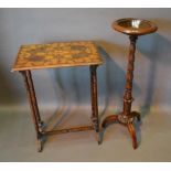 A William IV Torchere With A Tulip Carved Column And Shaped Feet, together with a marquetry inlaid