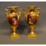 A Pair Of 19th Century Paris Porcelain Two Handled Vases, each decorated with reserves depicting