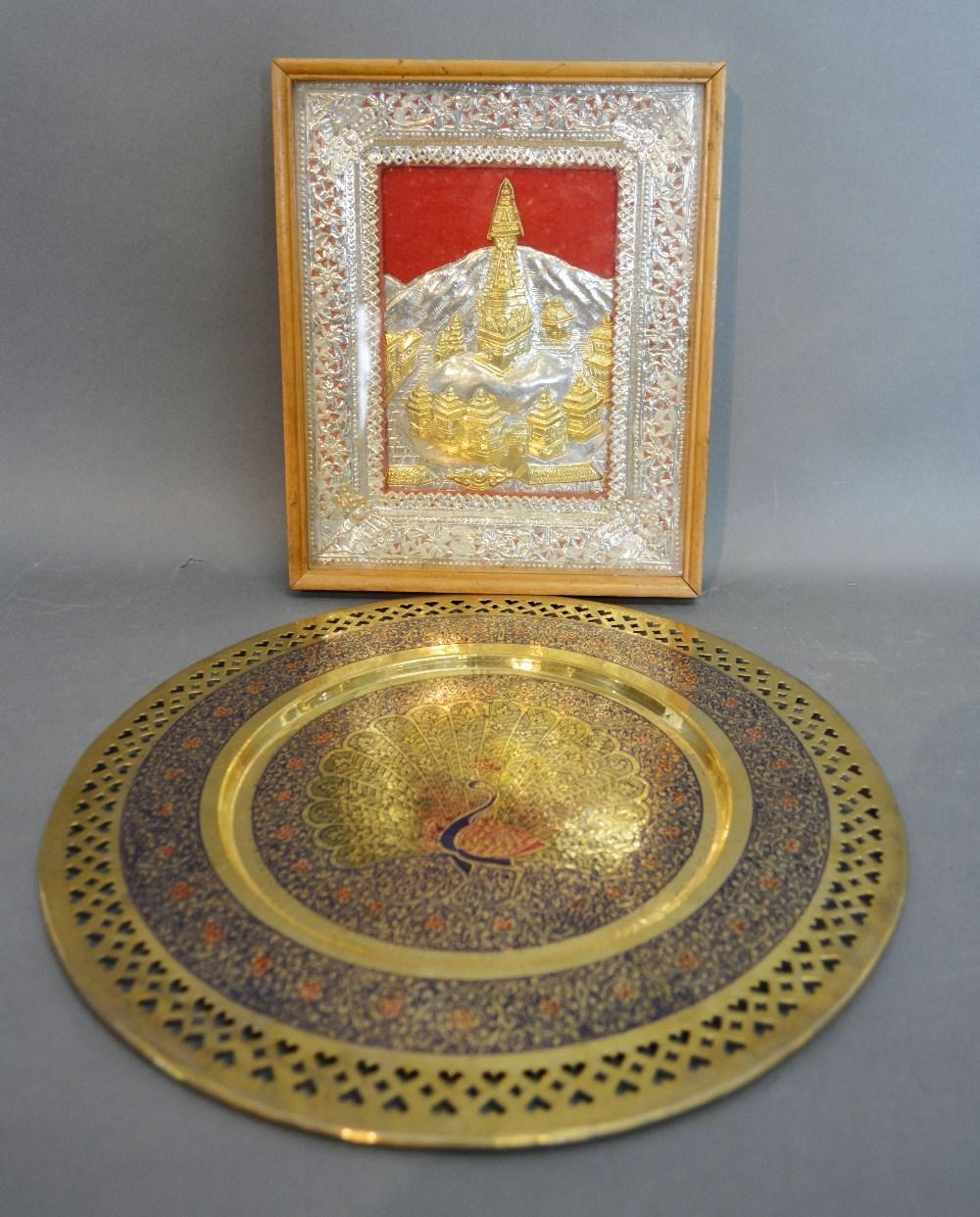 An Indian White Metal Picture Together With A Persian Brass Circular Dish, a Pair Of Halina Cased