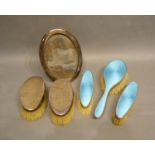 A Birmingham Silver And Blue Enamel Three Piece Dressing Table Set, together with a pair of