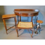 A 19th Century Mahogany Demilune Side Table, together with a checker line inlaid occasional table, a