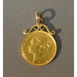 A Victorian Full Gold Sovereign Dated 1882, with gold pendant mount