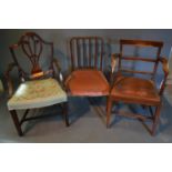 A Sheraton Style Mahogany Armchair, together with two other side chairs