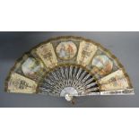 A Regency Mother Of Pearl And Gilded Fan With Three Hand Painted Vignettes, the reverse hand painted