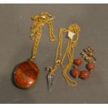 A Hard Stone Locket With Chain, Together With A Pair Of Drop Earrings and another pendant with chain