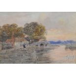 A Late 19th Early 20th Century Watercolour River Scene With Figures On A Bridge, indistinctly