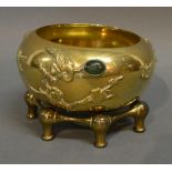 A Chinese Brass Censer, Set With Three Cabochon Stones and with shaped stand, 12cm diameter