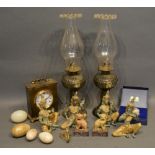 A Pair Of Glass Oil Lamps Together With A Collection Of Other Items