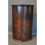 A George III Lacquered Bow Fronted Hanging Corner Cabinet, painted with figures within an