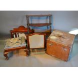 A Victorian Mahogany Wall Shelf together with a Mahogany Mirror, a rectangular Stool, a swing