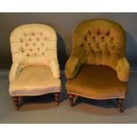 A 19th Century Drawing Room Chair With A Button Upholstered Back above a stuff over seat, raised