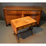 A Walnut Miniature Sofa Table With Two Frieze Drawers and twin end lyre supports, together with a