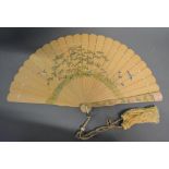 A Japanese Brise Fan Hand Painted On Cypress Wood, with original tassel and box