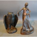 An Art Deco Style Patinated Bronze Figure together with a patinated model of an Owl